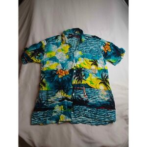 Koko Knot Mens Large Tropical Hawaiian Shirt Blue Yellow Sunset Palm Tree Beach